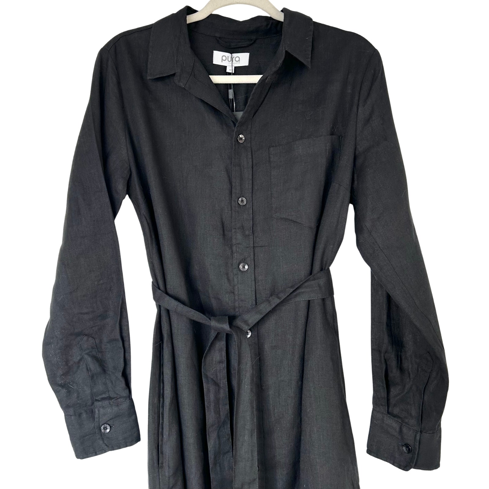 Pura Cashmere Luxe Linen Shirt Dress Black 100% Linen Belted Maxi Medium — image 4 of 8